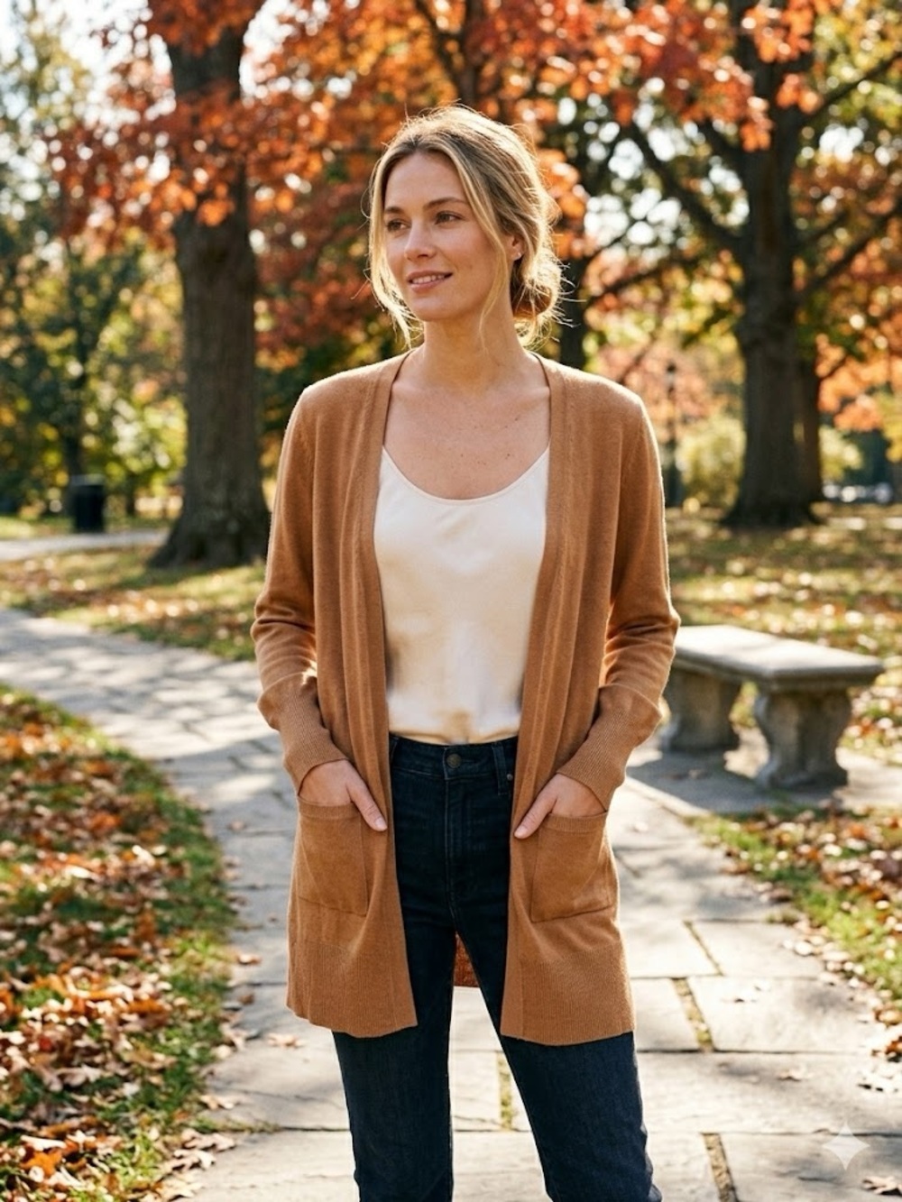 Nine West Lightweight Open Cardigan in Camel Brown; size medium